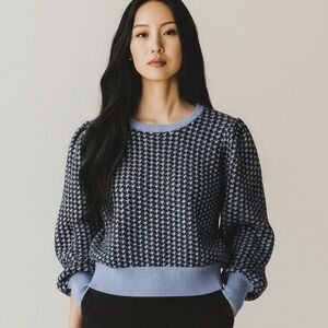 Philosophy Blue and Black houndstooth Patterned Knit balloon sleeves xlg